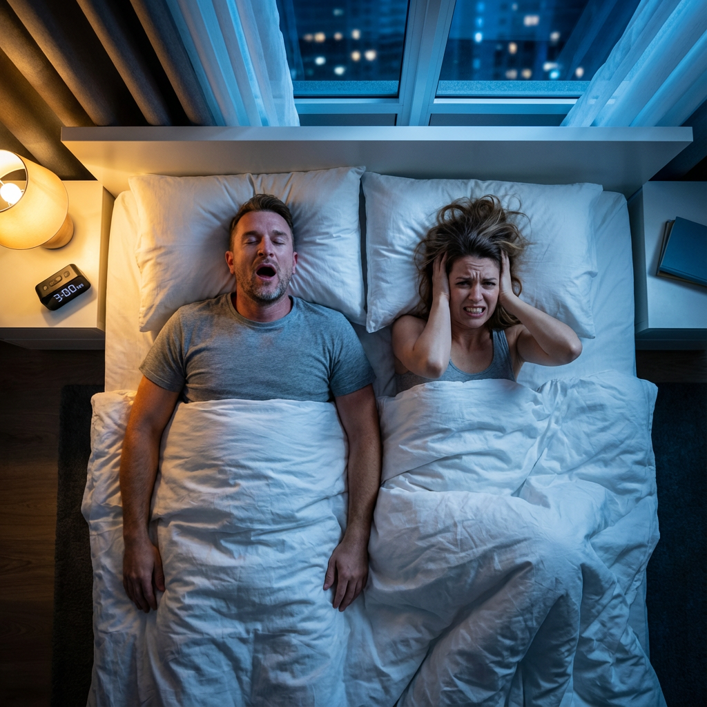 Pareja en la cama: él ronca, ella se tapa los oídos