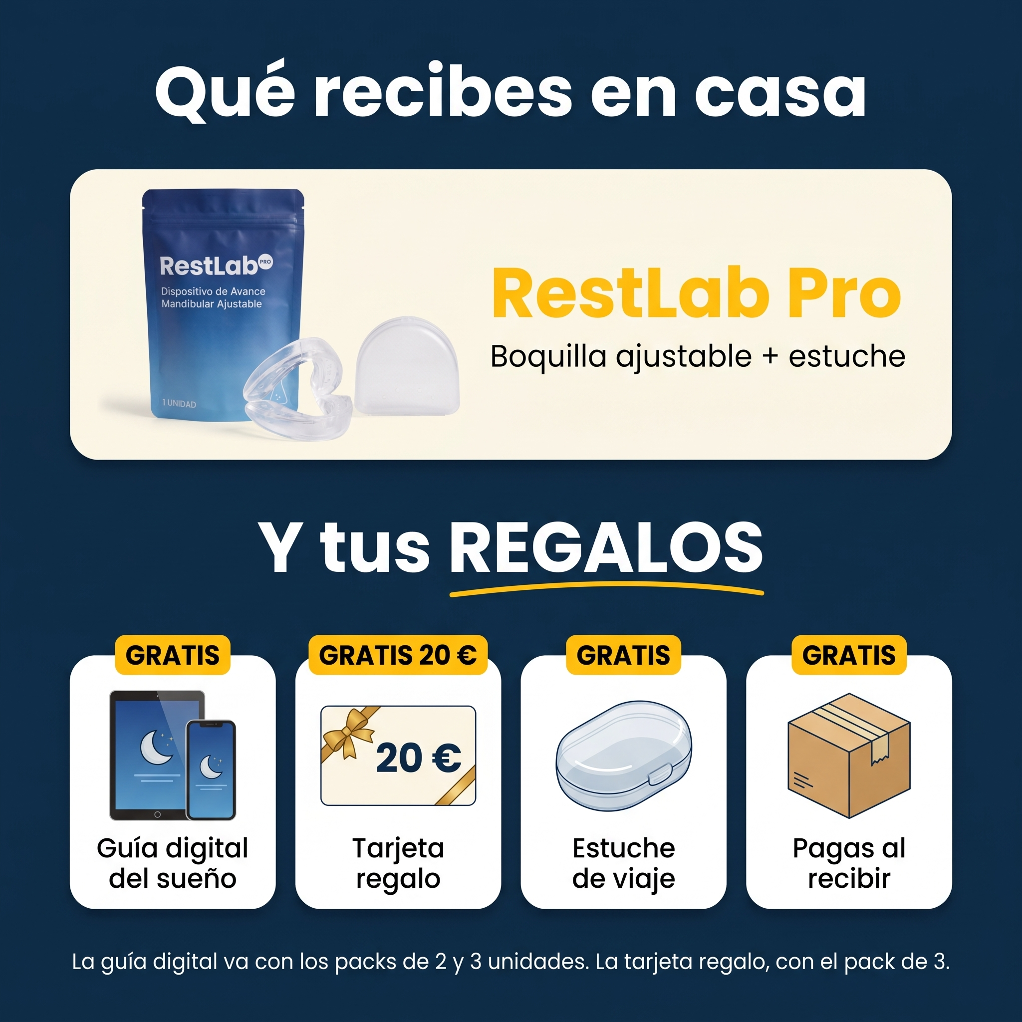 Qué recibes en casa: RestLab Pro y tus regalos (guía digital, tarjeta 20 €, estuche, pagas al recibir)